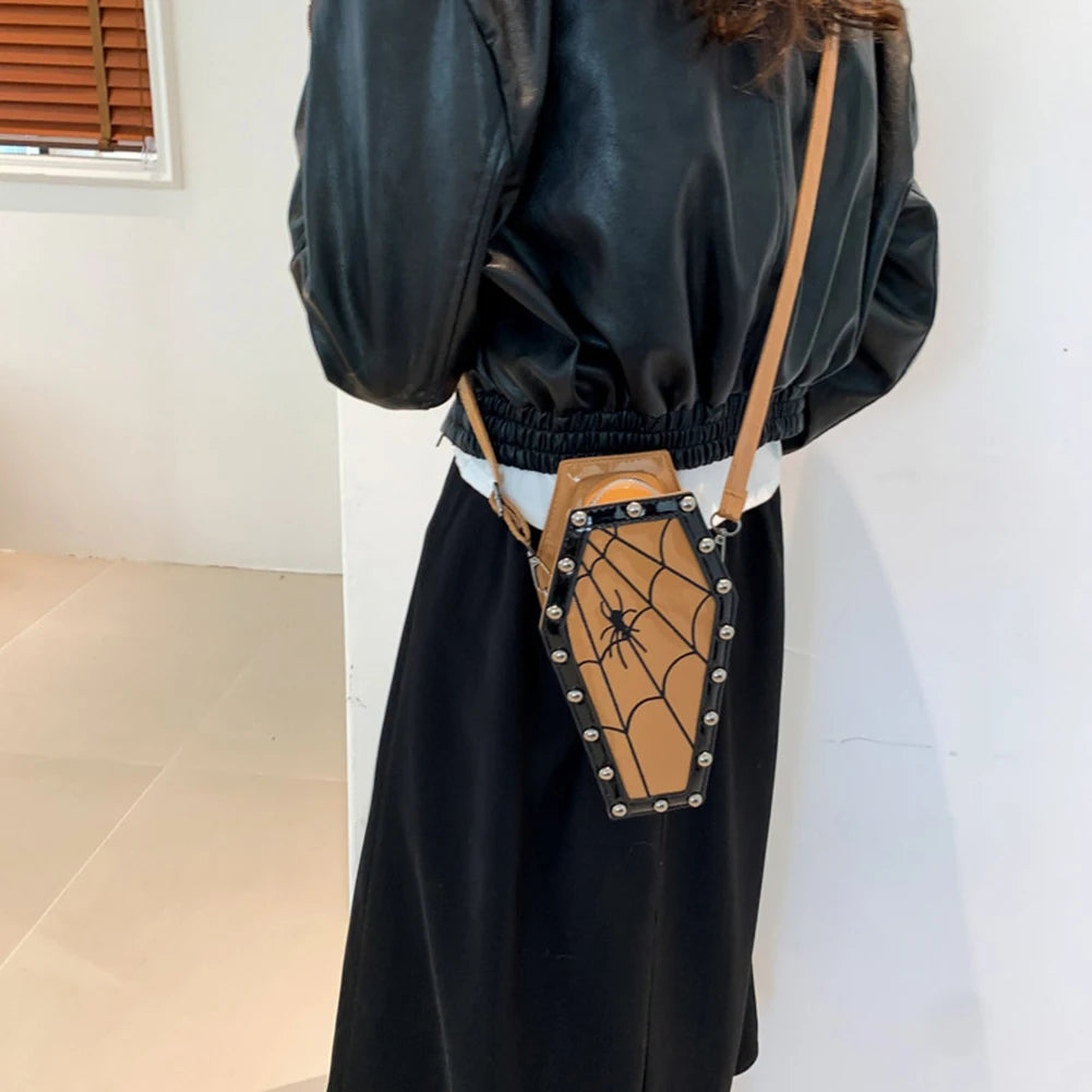 Halloween Cobweb Shoulder Bag Large Capacity Gothic Coffin Shaped Satchel Purse Adjustable Strap Spider Web PU Leather Hobo Bag