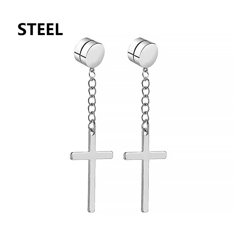 1Pair Unisex Punk Fashion Cross Pendant Ear Clip Non-Piercing Earrings Fake Earrings Gift for Men Women Jewelry Daily Wear
