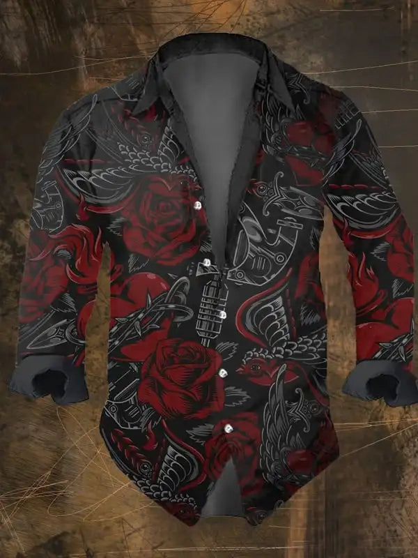 Halloween Men's Retro Dark Skull Prints Long Sleeve Shirt-Faith Chest Print,Regular Fit,Lapel Collar, Polyester Blend Black Tops