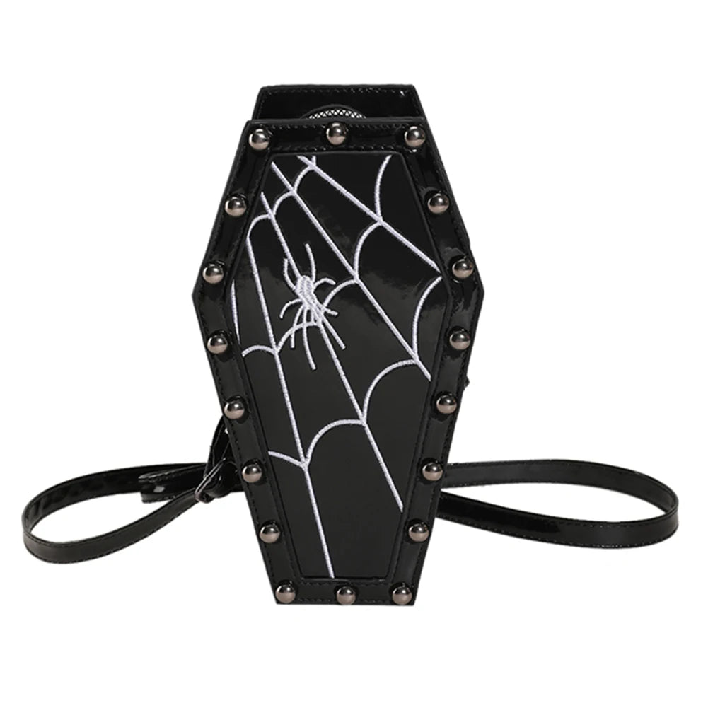 Halloween Cobweb Shoulder Bag Large Capacity Gothic Coffin Shaped Satchel Purse Adjustable Strap Spider Web PU Leather Hobo Bag