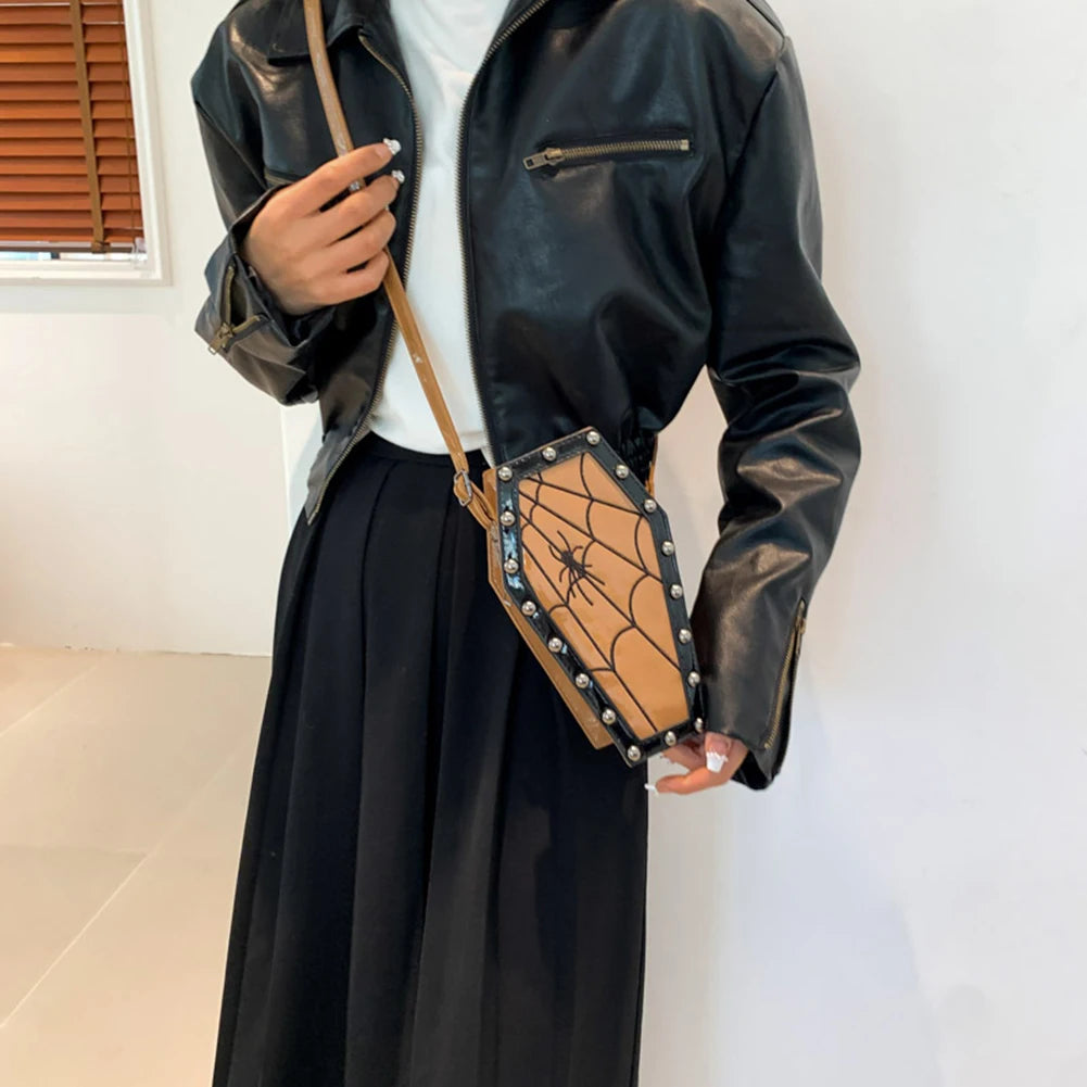 Halloween Cobweb Shoulder Bag Large Capacity Gothic Coffin Shaped Satchel Purse Adjustable Strap Spider Web PU Leather Hobo Bag