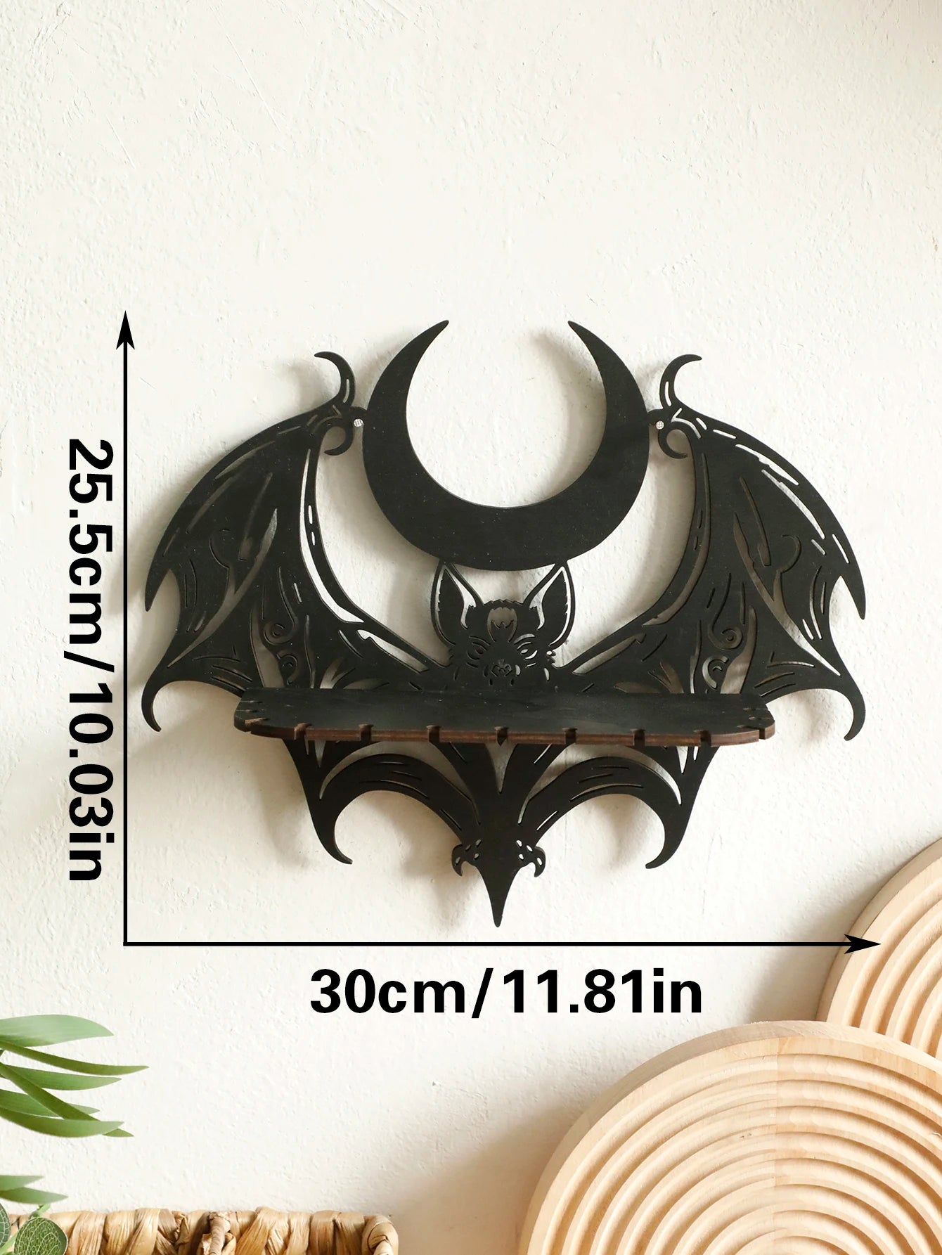 Black Wooden Wall Shelf Gothic Bat Moon Profiling Hollow Pattern Floating Shelf Crystal Holder Goth Home Decor Witch Room Decor