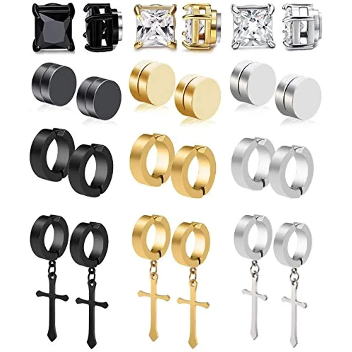 1/6 Pairs Stainless Steel Cross Pendant Clip Earring Non Piercing Fake Hoop Stud Earrings for Men Women Fashion Jewelry