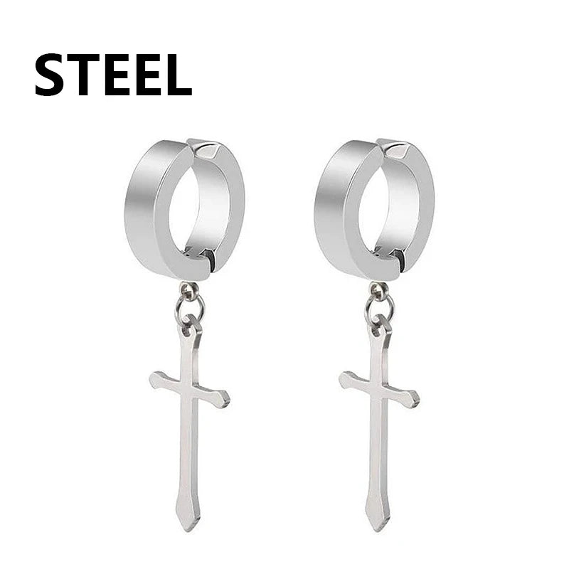 1Pair Unisex Punk Fashion Cross Pendant Ear Clip Non-Piercing Earrings Fake Earrings Gift for Men Women Jewelry Daily Wear