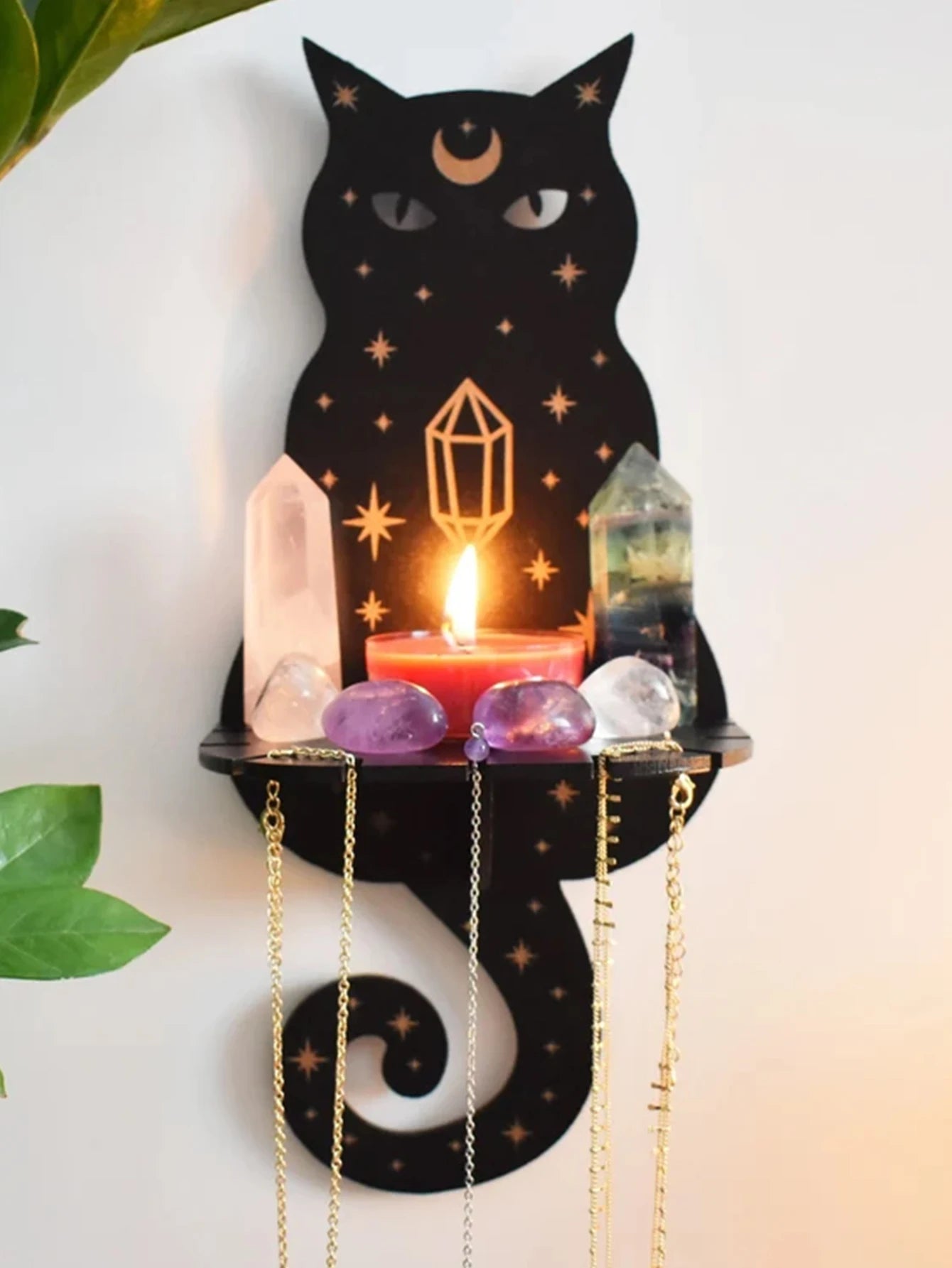 Black Cat Wooden Shelf Moon Phase Floating Shelf Chakra Crystal Holder Stone Display Stand Wall Decor Witchy Home Decorations