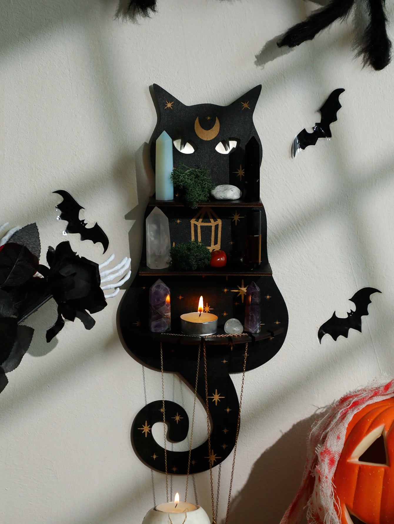 Black Cat Wooden Shelf Moon Phase Floating Shelf Chakra Crystal Holder Stone Display Stand Wall Decor Witchy Home Decorations