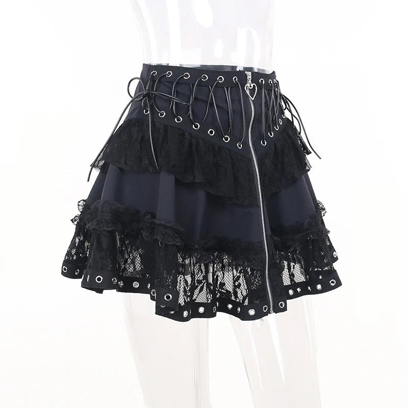 Gothic Skater Punk Vintage High Wasit Skirt Women's Zipper Front Japanese Style Kawaii Black Harajuku Cosplay Mini Skirts