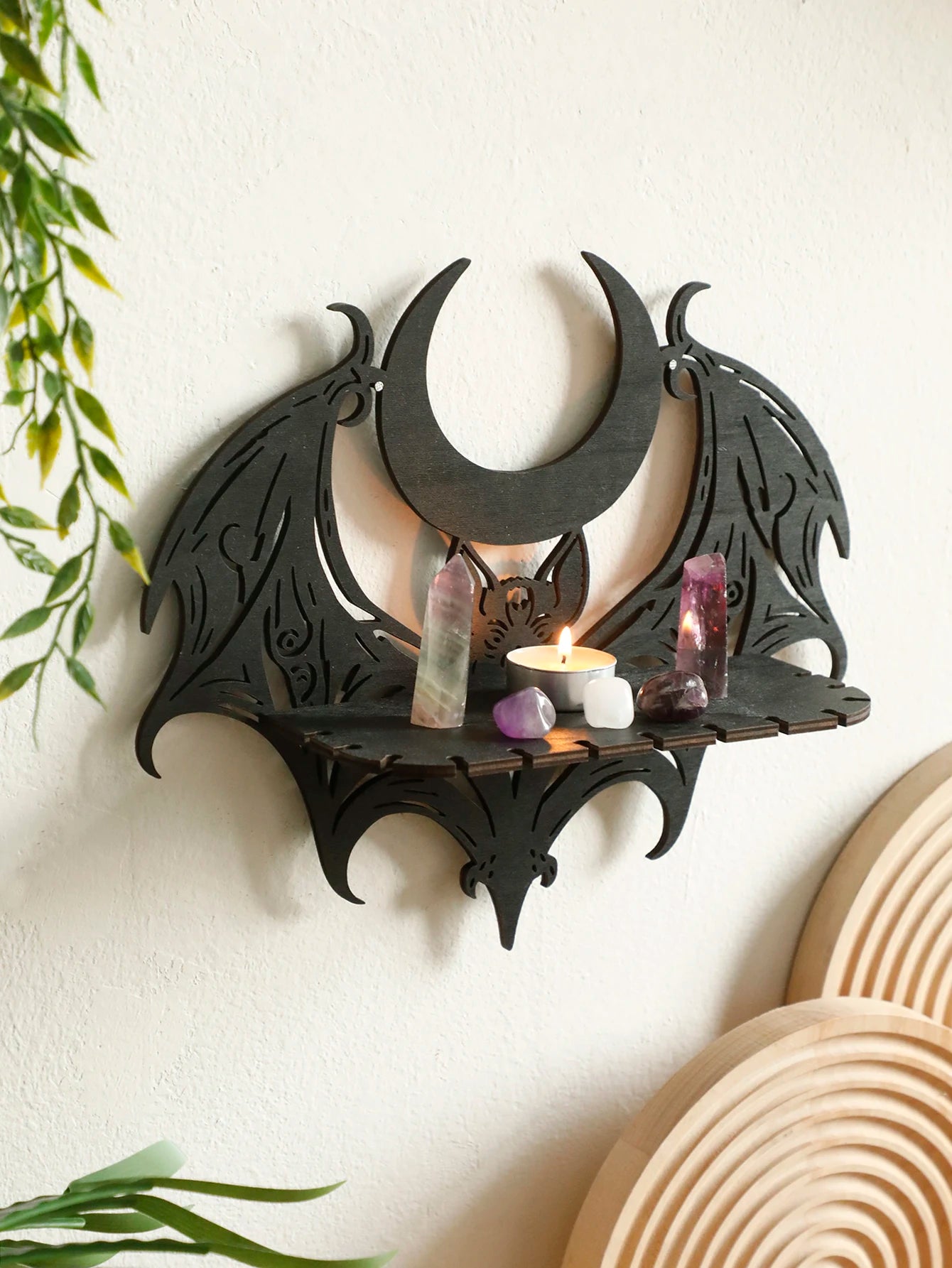 Black Wooden Wall Shelf Gothic Bat Moon Profiling Hollow Pattern Floating Shelf Crystal Holder Goth Home Decor Witch Room Decor