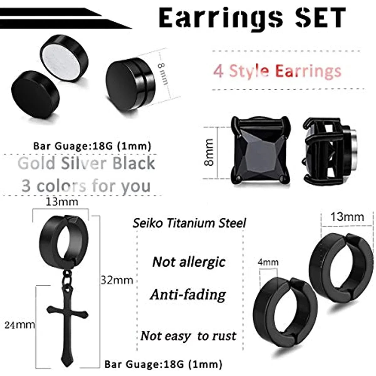 1/6 Pairs Stainless Steel Cross Pendant Clip Earring Non Piercing Fake Hoop Stud Earrings for Men Women Fashion Jewelry