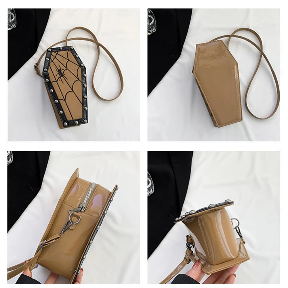 Halloween Cobweb Shoulder Bag Large Capacity Gothic Coffin Shaped Satchel Purse Adjustable Strap Spider Web PU Leather Hobo Bag