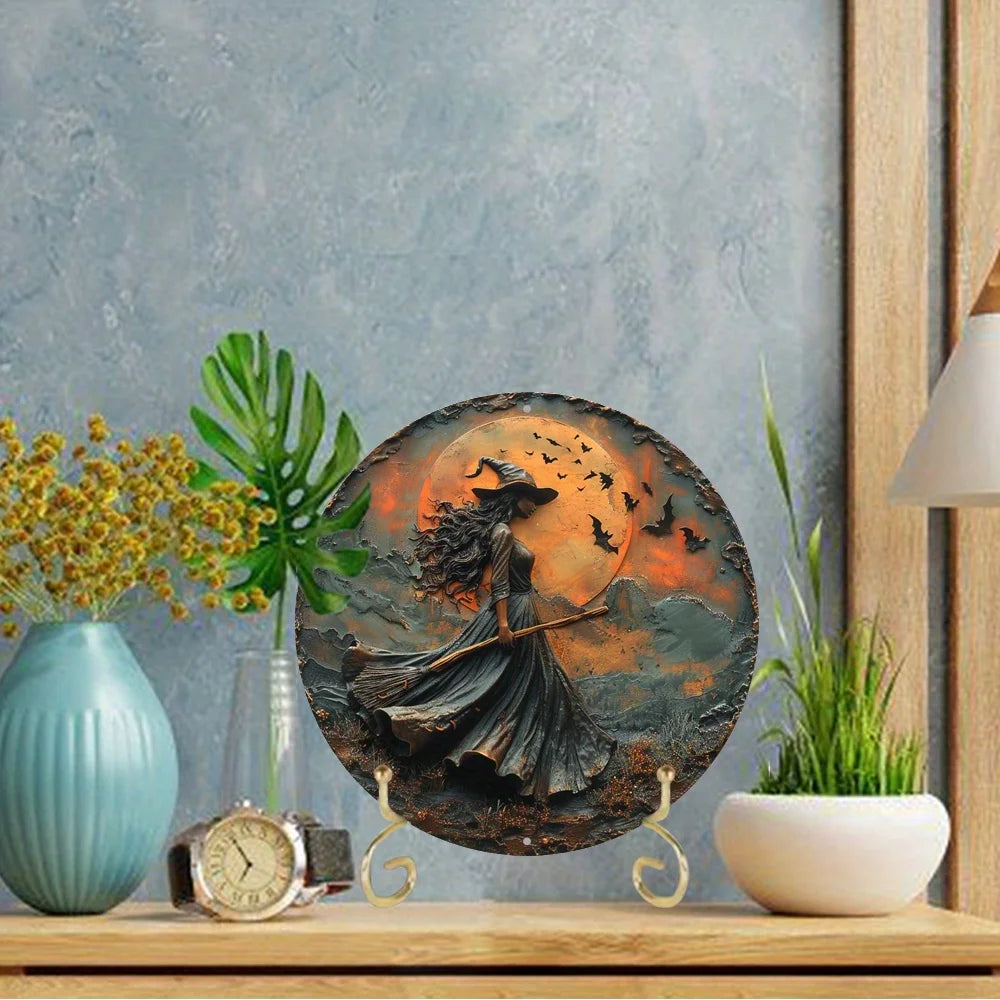 Circular aluminum flat with unique Gothic witch themed decoration suitable for home wall art decoration perfect holiday gift