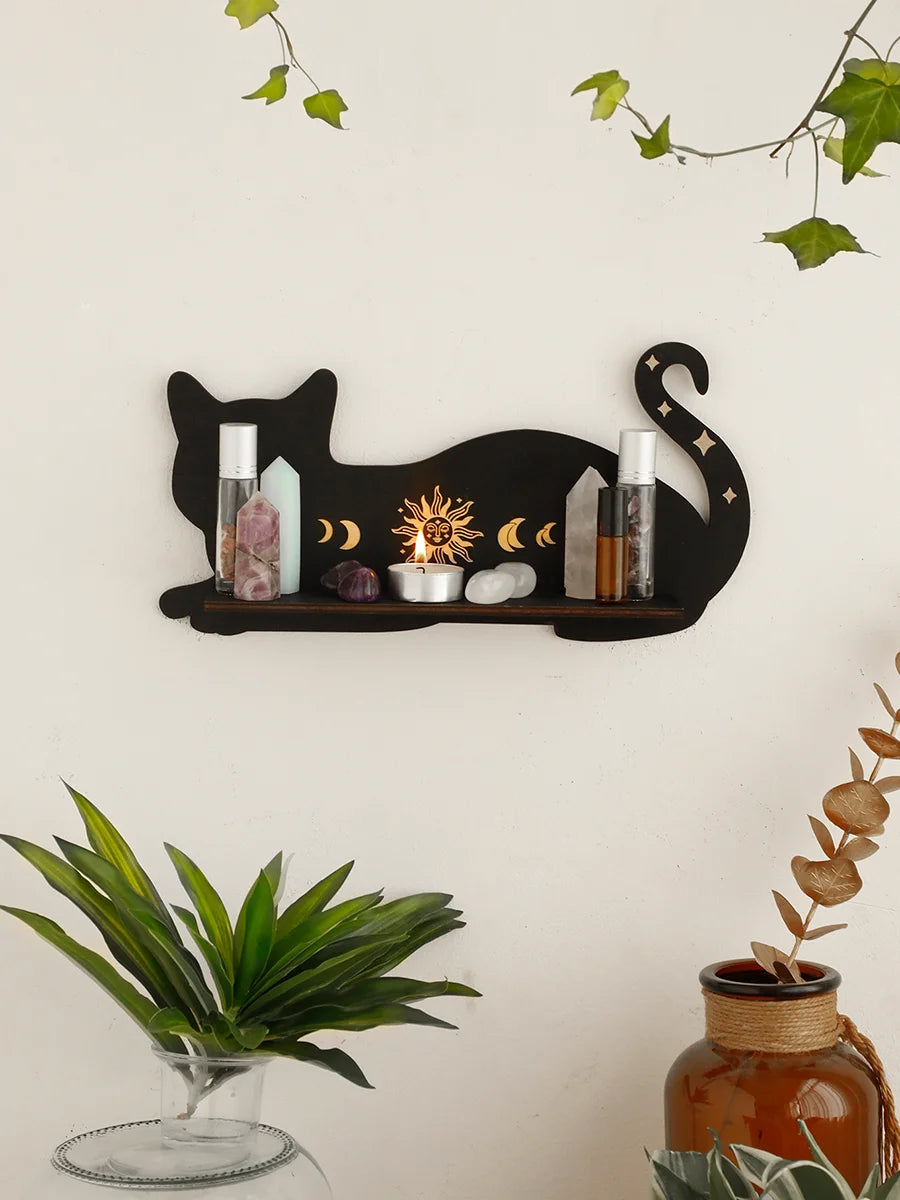 Black Cat Wooden Shelf Moon Phase Chakra Crystal Stone Display Stand Wall Shelf Witch Home Decor Gothic Room Decor Home Bedroom