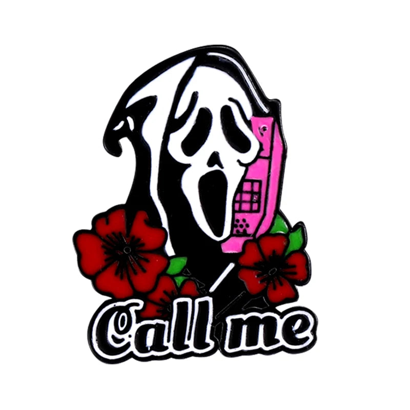 Call Me Enamel Pins What's Your Favorite Scary Movie Custom Brooches Lapel Badges Gothic Punk Skeleton Jewelry Gift for Friends