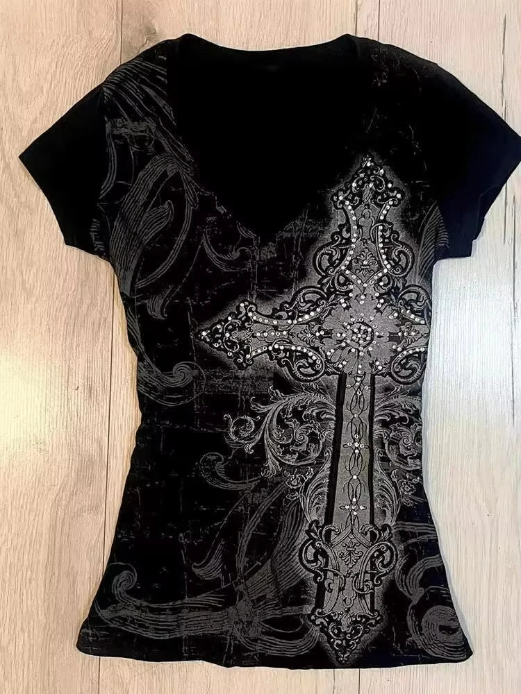 Harajuku T Shirts Women Skull Print Slash Neck Y2k Tops Fashion Gothic 2000s Vintage Tees Streetwear Punk Letter Black Tshirts