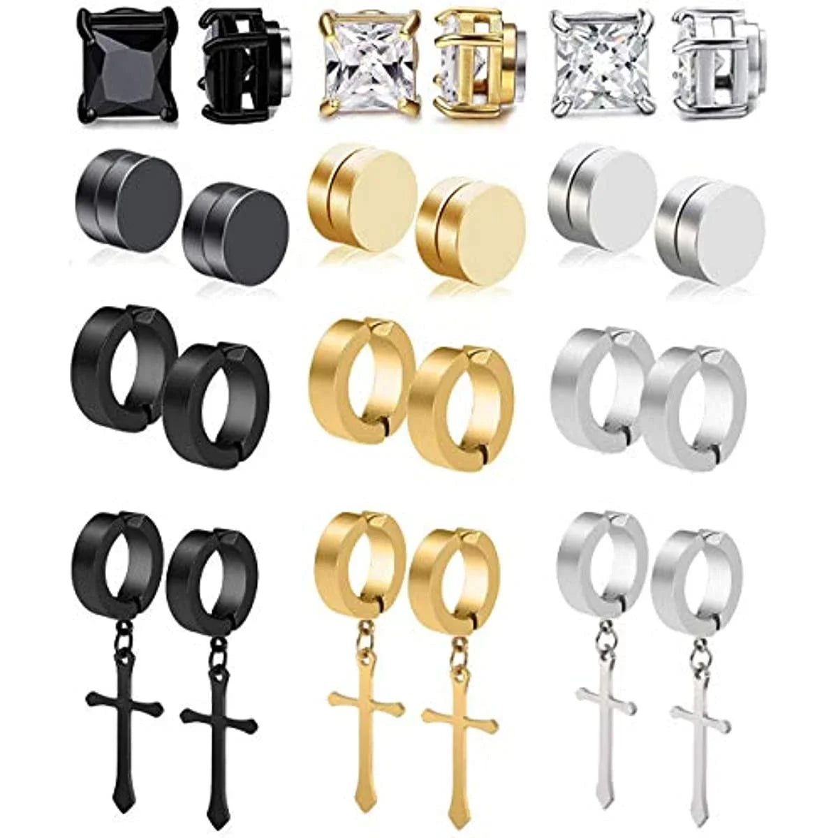 1/6 Pairs Stainless Steel Cross Pendant Clip Earring Non Piercing Fake Hoop Stud Earrings for Men Women Fashion Jewelry