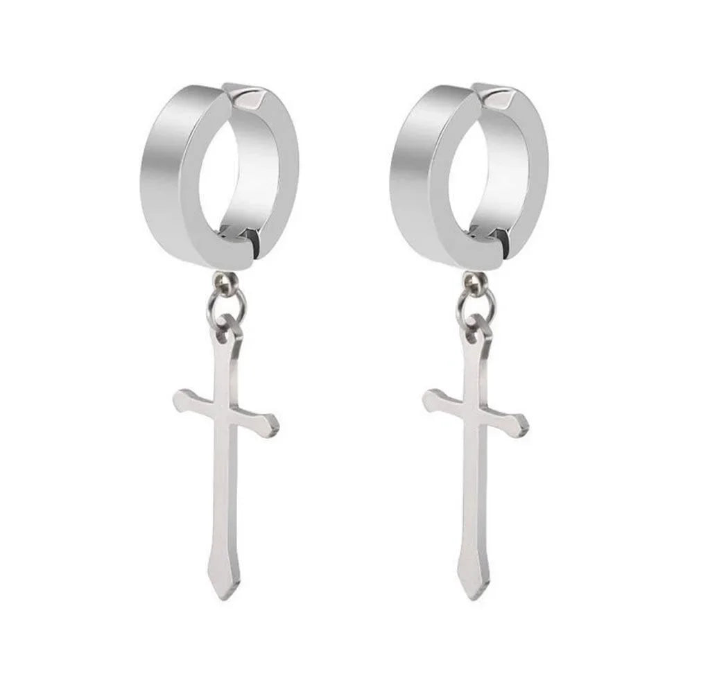 1/6 Pairs Stainless Steel Cross Pendant Clip Earring Non Piercing Fake Hoop Stud Earrings for Men Women Fashion Jewelry