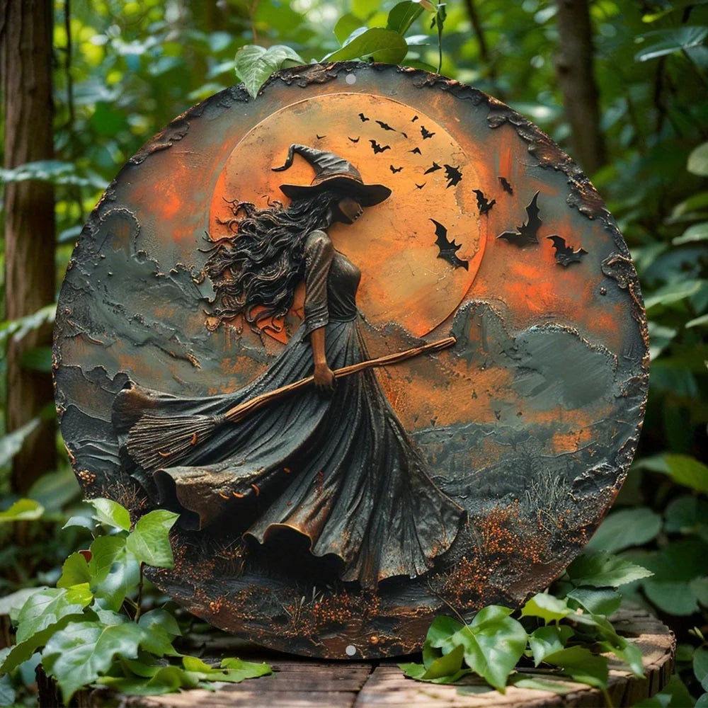 Circular aluminum flat with unique Gothic witch themed decoration suitable for home wall art decoration perfect holiday gift