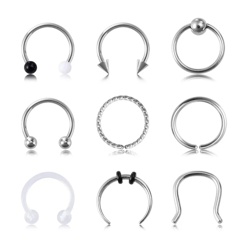 9pcs Hoop Nose Ring Septum Piercing Set Silver Color Surgical Steel Cartilage Earring Tragus Helix Circular BCR Ear Body Jewelry