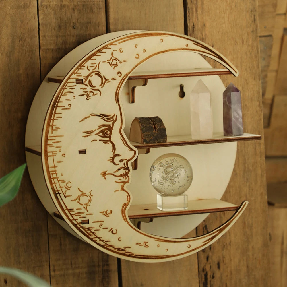 Crystal Display Wooden Shelf Moon Face Hanging Wall Jewelry Holder Bohemian Home Decor Floating Stand Shelves Room Decoration