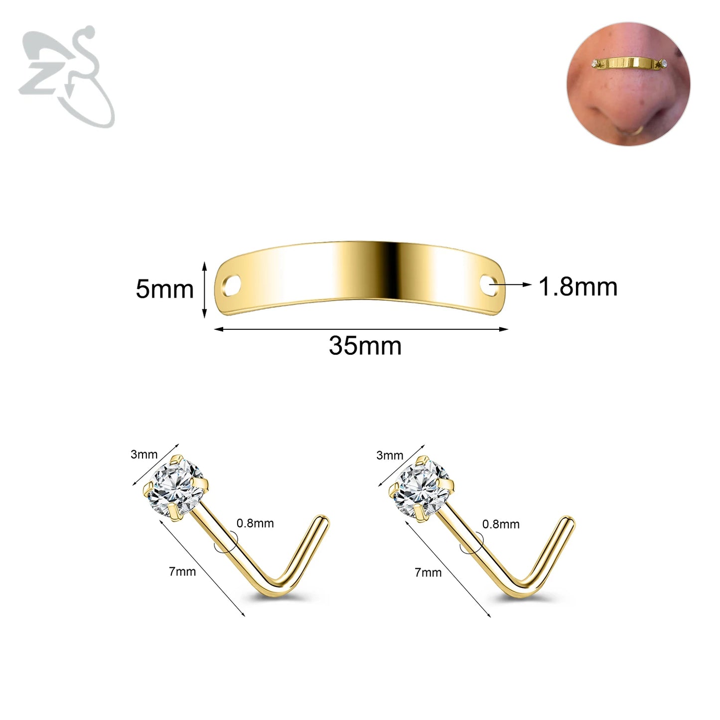 ZS 1 Set 24/30/35/40/45/50MM Stainelss Steel Nose Piercing For Men Women Punk Adjustable Nostril Bridge Piercings Body Jewelry