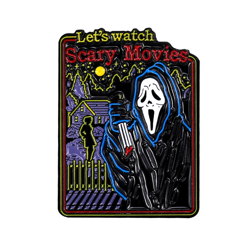 Call Me Enamel Pins What's Your Favorite Scary Movie Custom Brooches Lapel Badges Gothic Punk Skeleton Jewelry Gift for Friends