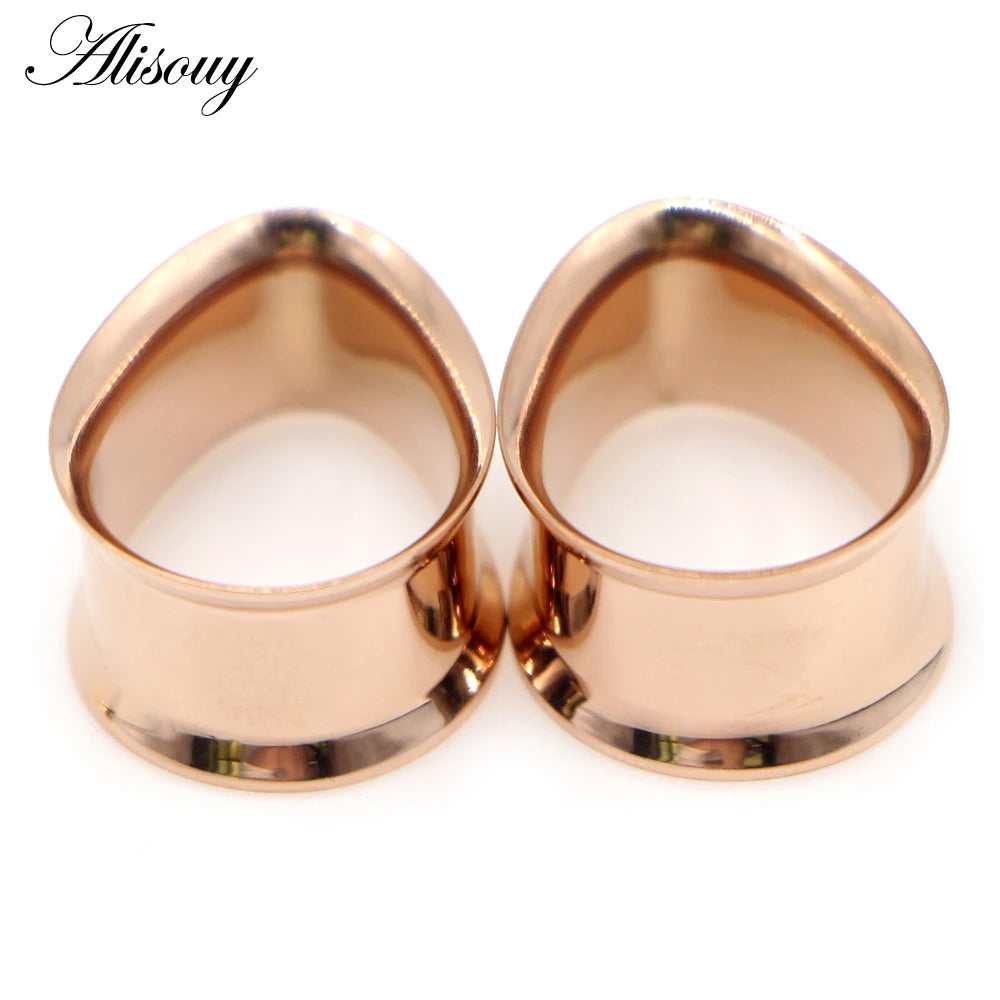 Alisouy 2pcs Water Drop Stainless Steel Ear Plug Tunnels Black Gold Color Ear Expander Plugs Tunnels Body Jewelry Ear Gauges