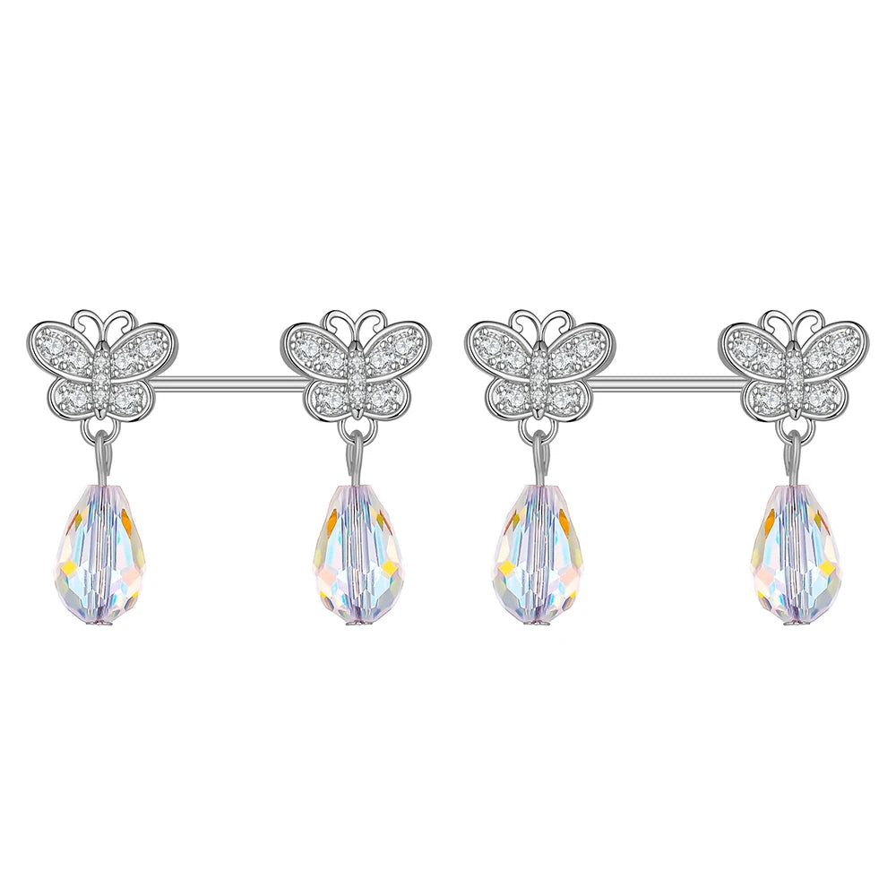 2pcs Cute Nipple Piercings Barbell Stainless Steel Crystal Nipple Shield Cover Heart Flower Nipple Rings Jewelry Body 1.6mm*16mm