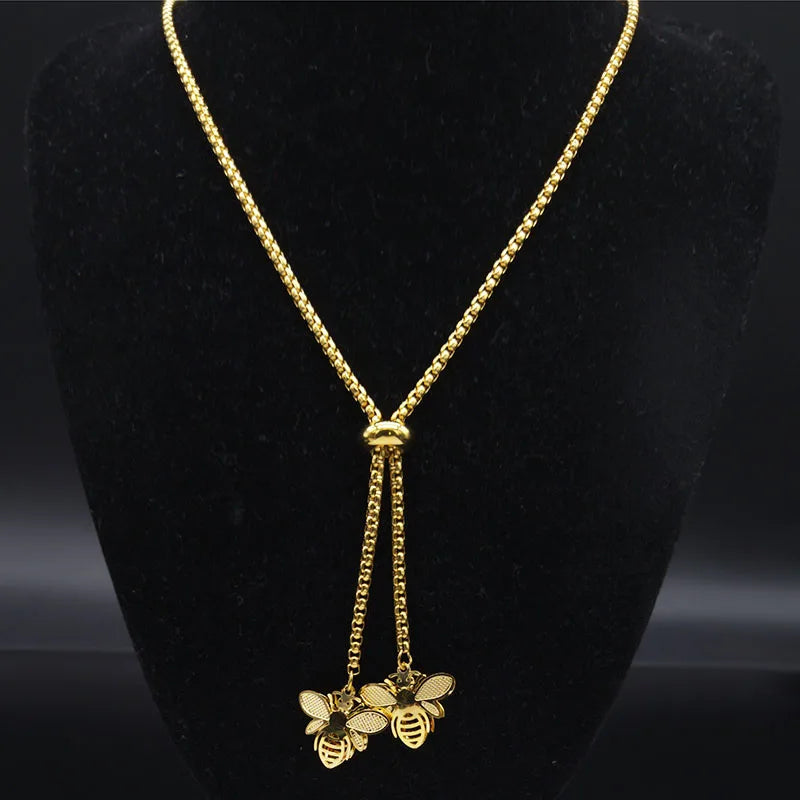 Fashion Bee Stainless Steel Long Necklace for Women Gold Color Statement Necklace Jewelry colgantes mujer moda N1525S03
