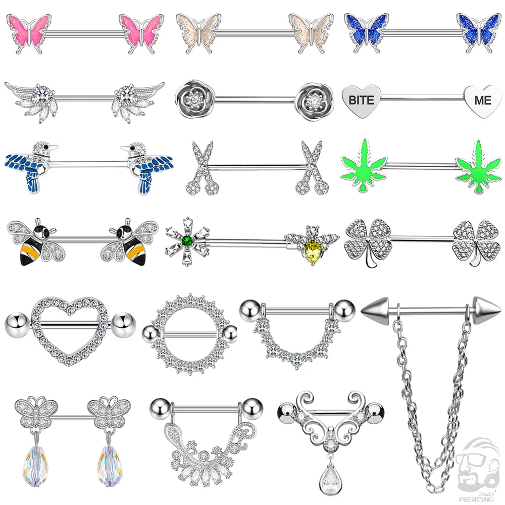 2pcs Cute Nipple Piercings Barbell Stainless Steel Crystal Nipple Shield Cover Heart Flower Nipple Rings Jewelry Body 1.6mm*16mm