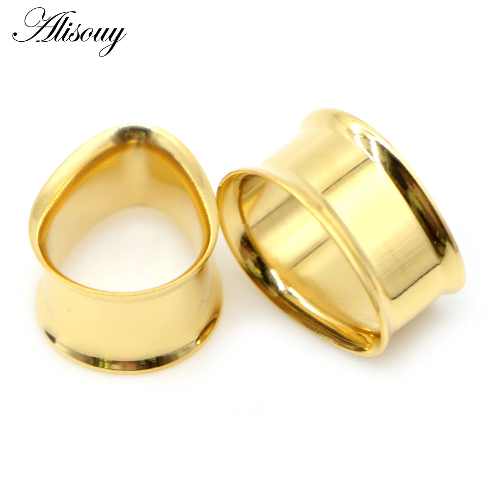 Alisouy 2pcs Water Drop Stainless Steel Ear Plug Tunnels Black Gold Color Ear Expander Plugs Tunnels Body Jewelry Ear Gauges