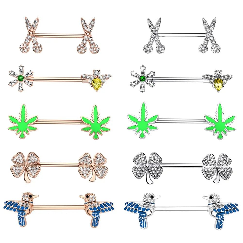 2pcs Cute Nipple Piercings Barbell Stainless Steel Crystal Nipple Shield Cover Heart Flower Nipple Rings Jewelry Body 1.6mm*16mm