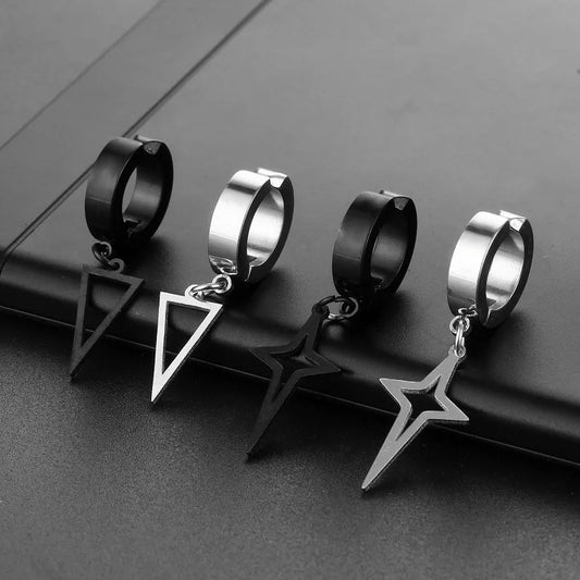 1Pcs Unisex Stainless Steel Punk Man Black Clip on Earrings Geometry Triangle Star Pendant Dangle Earrings Women Gothic Jewelry