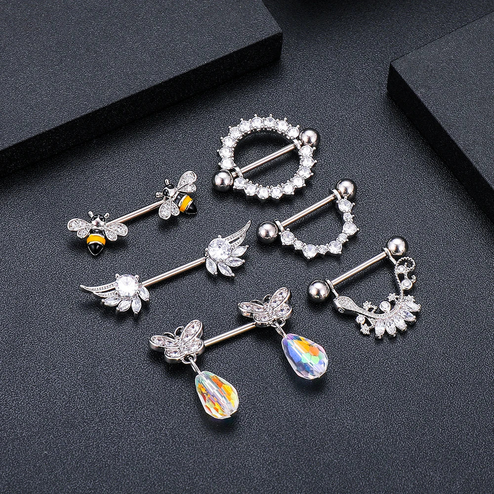 2pcs Cute Nipple Piercings Barbell Stainless Steel Crystal Nipple Shield Cover Heart Flower Nipple Rings Jewelry Body 1.6mm*16mm