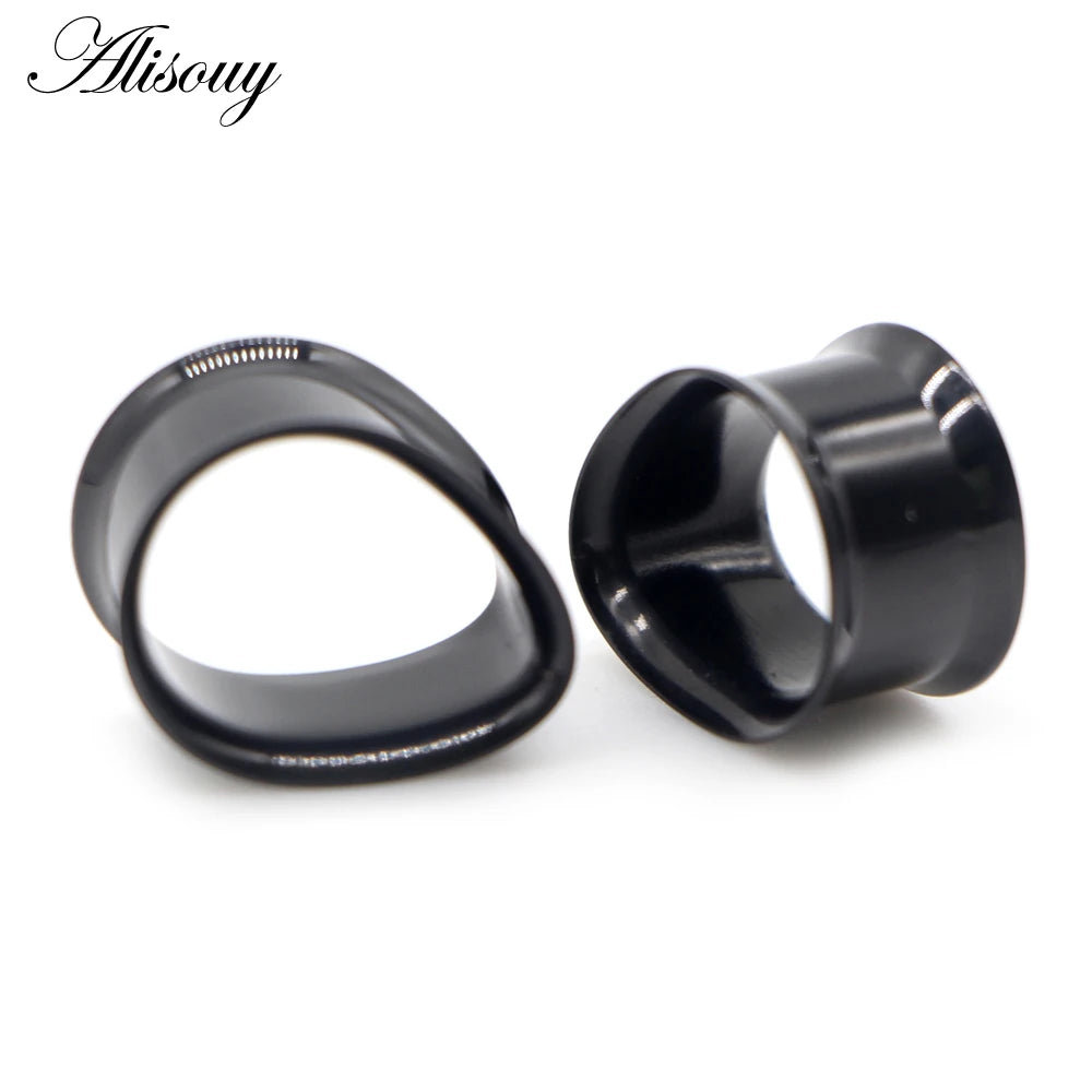 Alisouy 2pcs Water Drop Stainless Steel Ear Plug Tunnels Black Gold Color Ear Expander Plugs Tunnels Body Jewelry Ear Gauges
