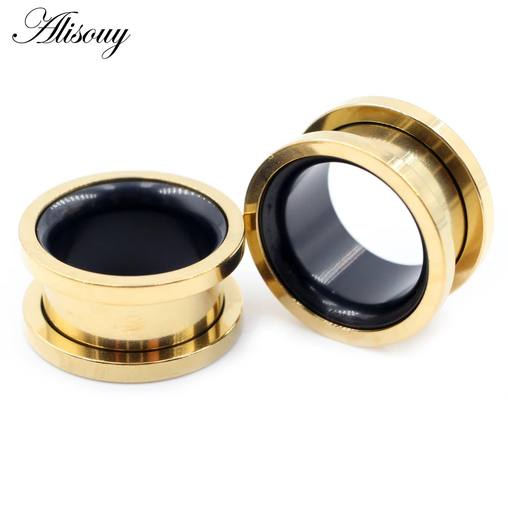 Alisouy 2pcs Smiple Hollow Stainless Steel Flared Ear Plugs Tunnel Expander Stretcher Gauges Flesh Piercing Earring Body Jewelry