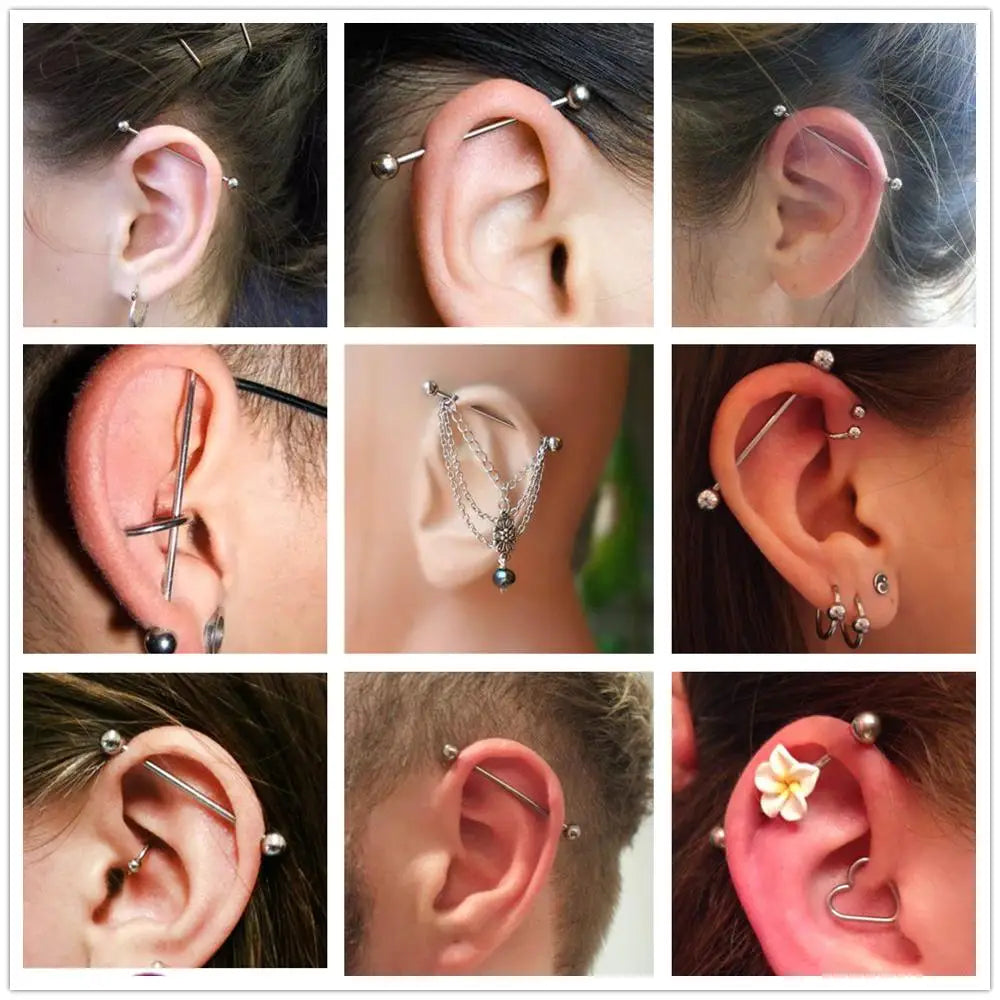 2 Pieces 14G/16G Surgical Steel Long Industrial Barbell Ring Tongue Nipple Bar Tragus Helix Ear Piercing Body Fashion Jewelry
