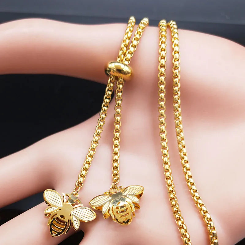 Fashion Bee Stainless Steel Long Necklace for Women Gold Color Statement Necklace Jewelry colgantes mujer moda N1525S03