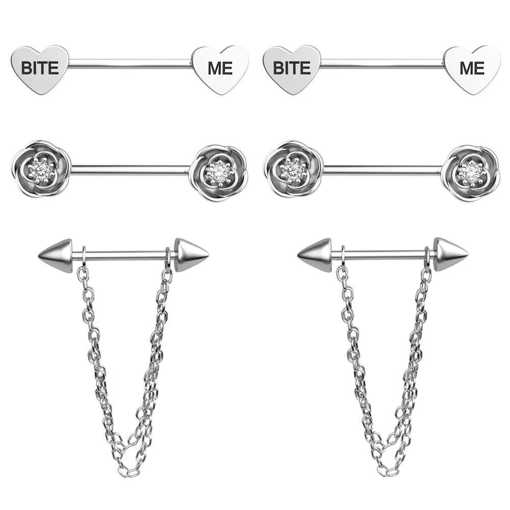 2pcs Cute Nipple Piercings Barbell Stainless Steel Crystal Nipple Shield Cover Heart Flower Nipple Rings Jewelry Body 1.6mm*16mm