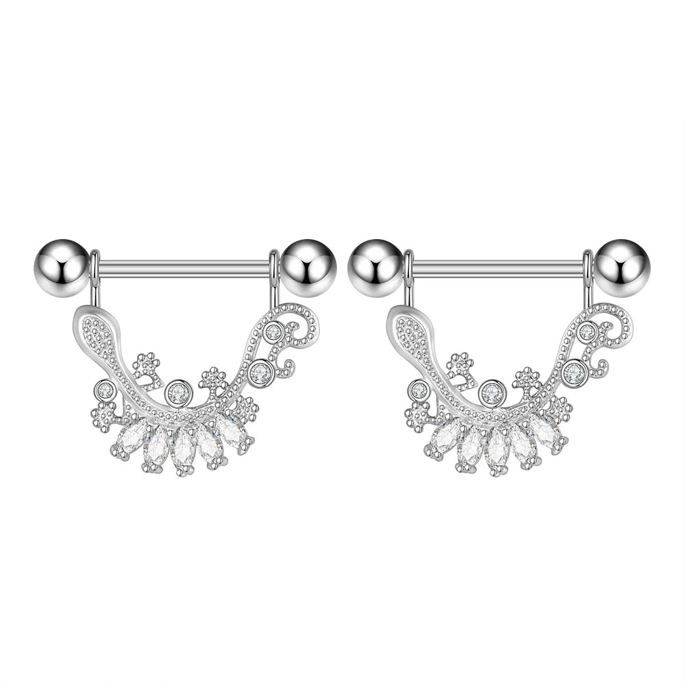 2pcs Cute Nipple Piercings Barbell Stainless Steel Crystal Nipple Shield Cover Heart Flower Nipple Rings Jewelry Body 1.6mm*16mm