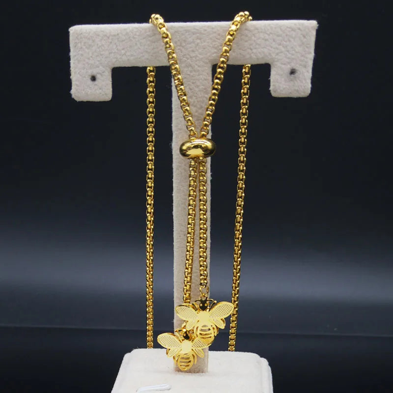 Fashion Bee Stainless Steel Long Necklace for Women Gold Color Statement Necklace Jewelry colgantes mujer moda N1525S03