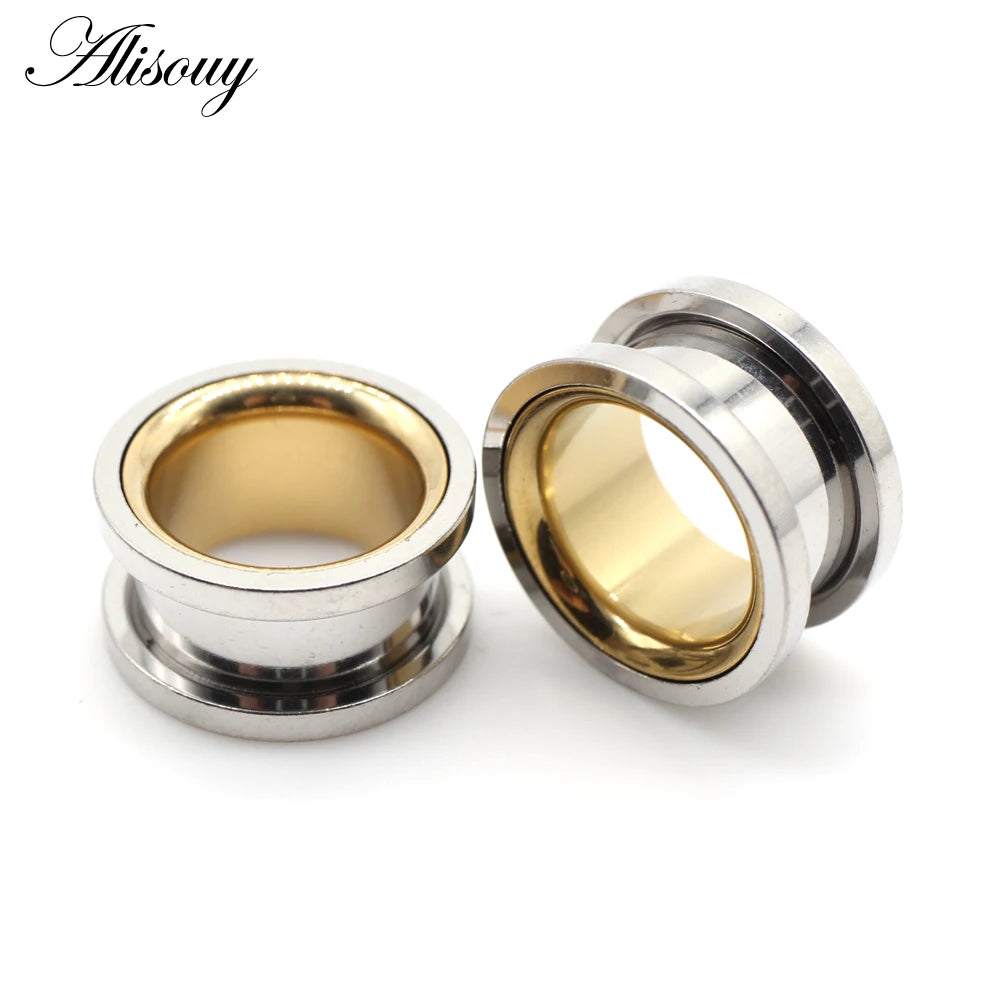 Alisouy 2pcs Smiple Hollow Stainless Steel Flared Ear Plugs Tunnel Expander Stretcher Gauges Flesh Piercing Earring Body Jewelry