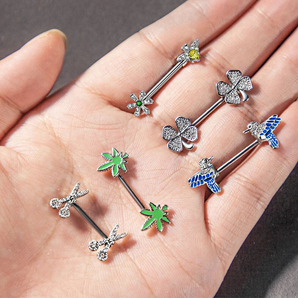 2pcs Cute Nipple Piercings Barbell Stainless Steel Crystal Nipple Shield Cover Heart Flower Nipple Rings Jewelry Body 1.6mm*16mm