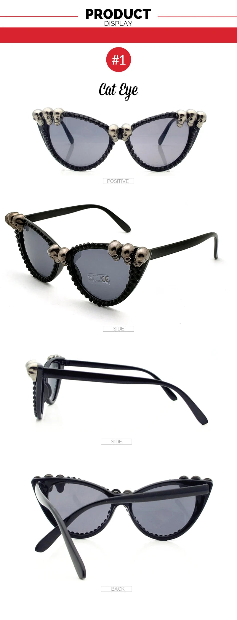 Women Gothic Skull Sunglasses Black Cat Eye Rhinestone Gorgeous Cateye UV400 Protection Ladies Round Sun Glasses Vintage Eyewear