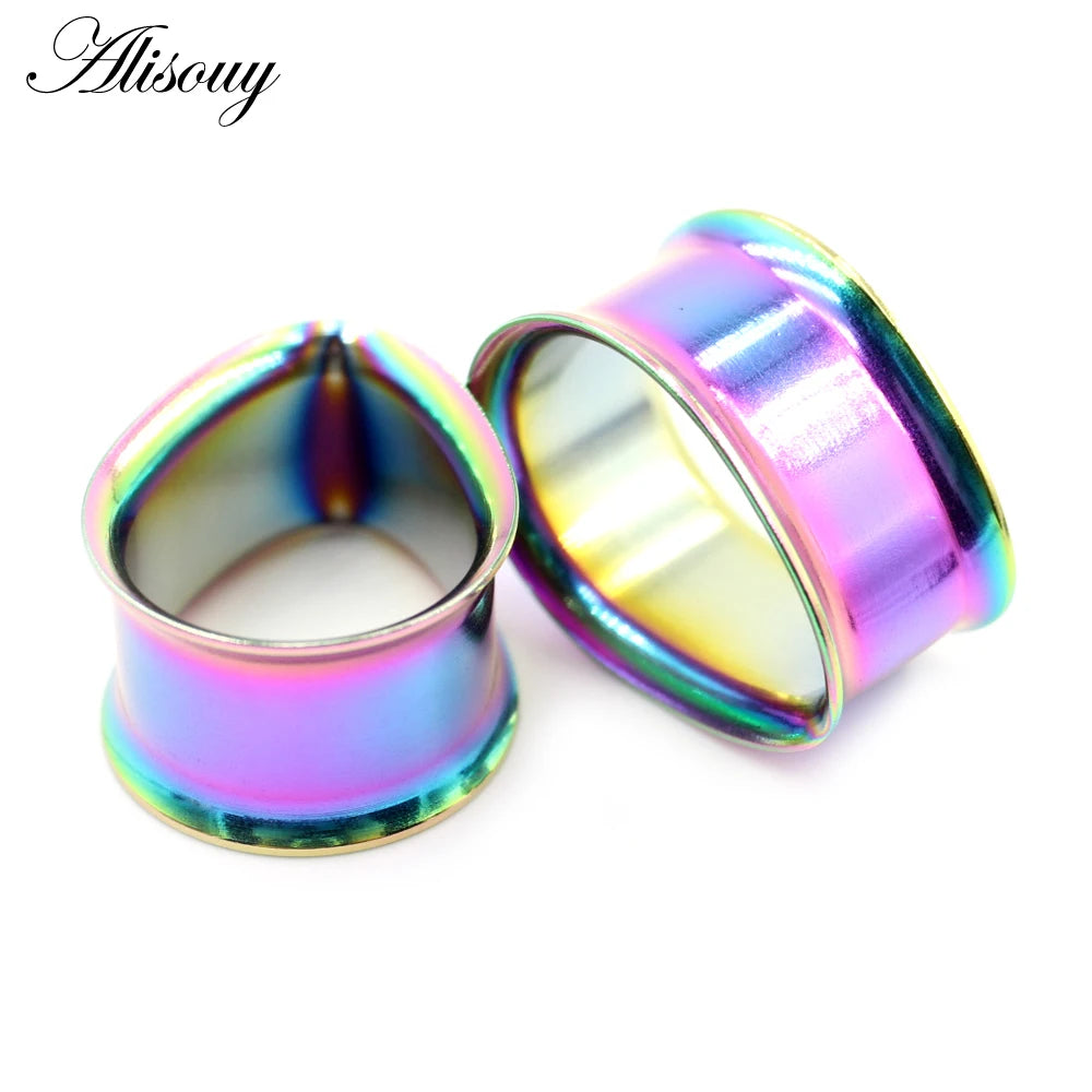 Alisouy 2pcs Water Drop Stainless Steel Ear Plug Tunnels Black Gold Color Ear Expander Plugs Tunnels Body Jewelry Ear Gauges