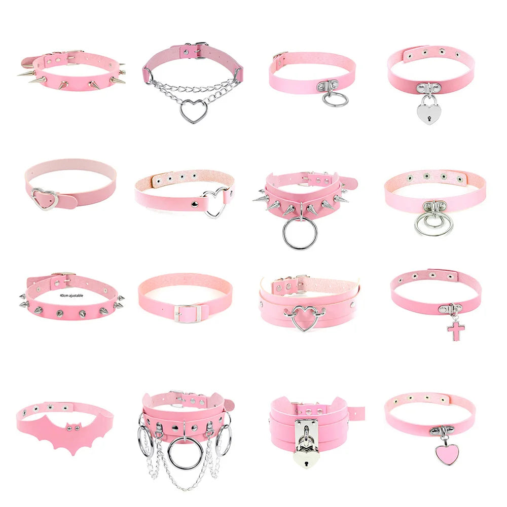Pink Sexy Trendy Rock Gothic Collar Necklaces Jewelry Gothic Leather Heart Rivets Harajuku Punk Choker Necklace for Women Gift