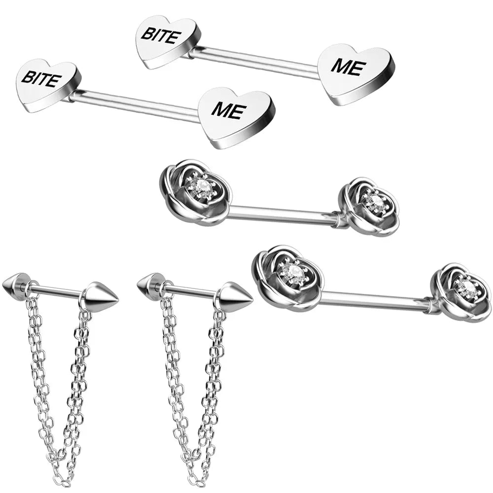 2pcs Cute Nipple Piercings Barbell Stainless Steel Crystal Nipple Shield Cover Heart Flower Nipple Rings Jewelry Body 1.6mm*16mm