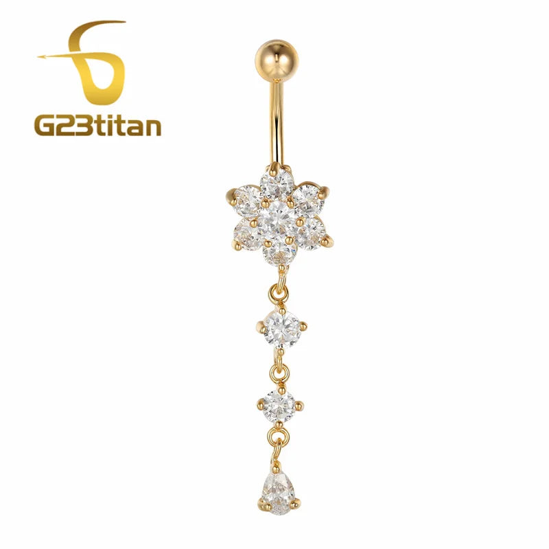 Gold Color Dangle Navel Earring for Women Zircon Pendant Belly Button Ring 14G Surgical Steel Piercing Barbell Body Jewelry
