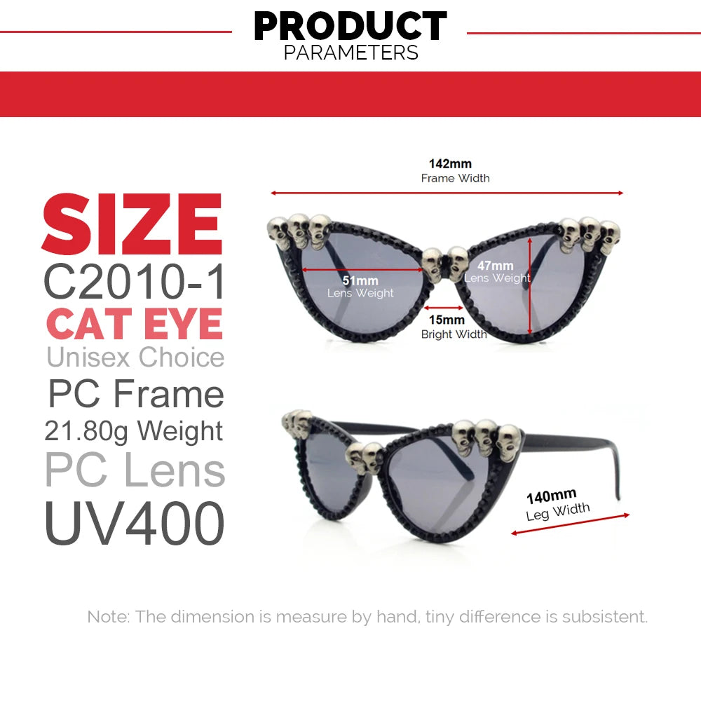 Women Gothic Skull Sunglasses Black Cat Eye Rhinestone Gorgeous Cateye UV400 Protection Ladies Round Sun Glasses Vintage Eyewear