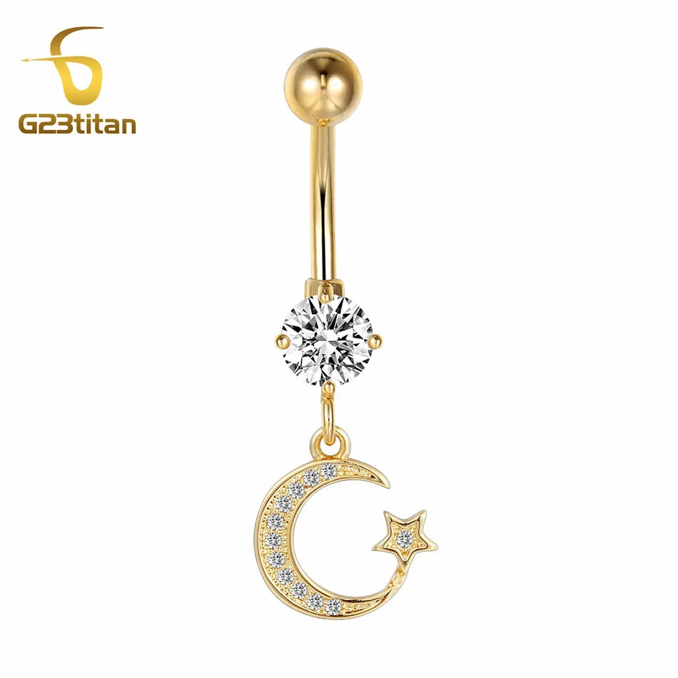 Gold Color Dangle Navel Earring for Women Zircon Pendant Belly Button Ring 14G Surgical Steel Piercing Barbell Body Jewelry