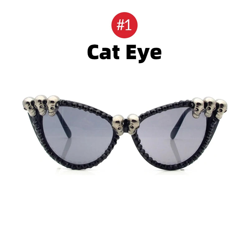 Women Gothic Skull Sunglasses Black Cat Eye Rhinestone Gorgeous Cateye UV400 Protection Ladies Round Sun Glasses Vintage Eyewear